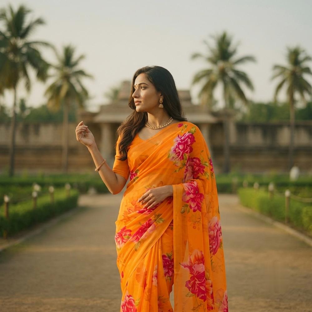 Marigold Yellow & Peony Red Casual Printed Saree with Blouse