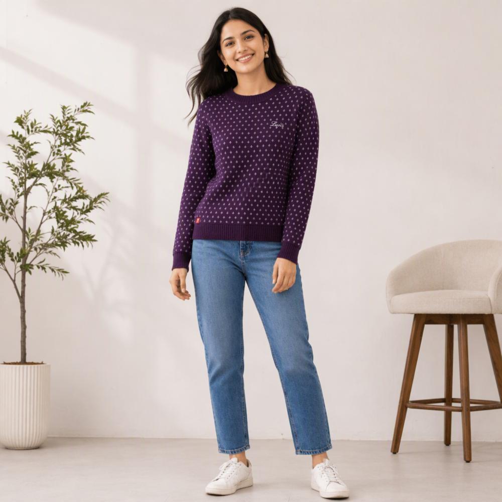 Womenâs Purple Wool Sweater with All-Over Floral Design