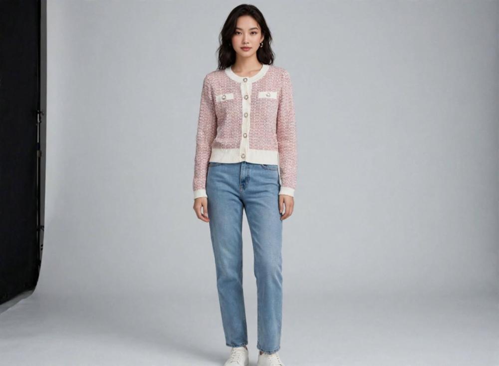 Womenâs White Peach Wool Cardigan with Moti Diamond Buttons