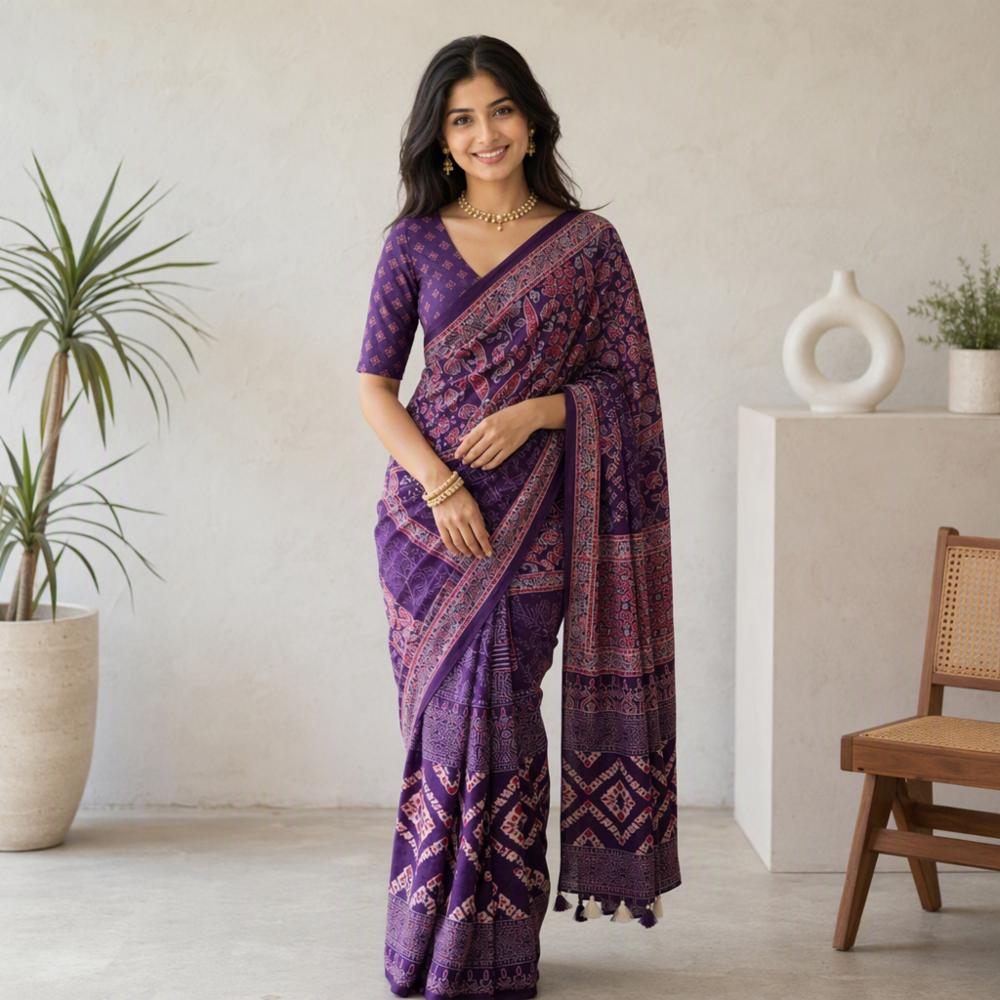 Womenâs Crepe Silk Ajrakh Print Saree with Blouse Piece