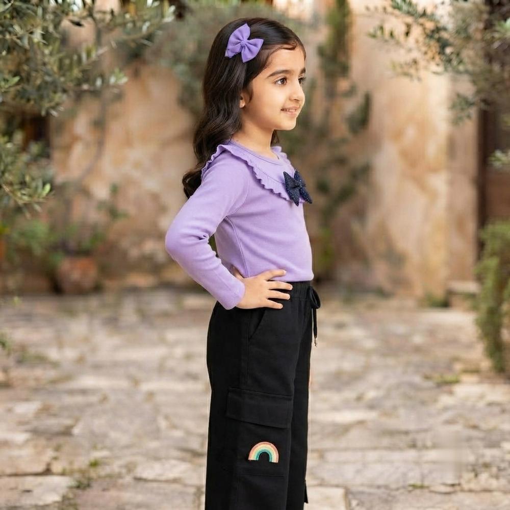 Girlsâ Premium Western Co-Ord Set â Purple Ruffle Top & Black Cargo Palazzo Pants