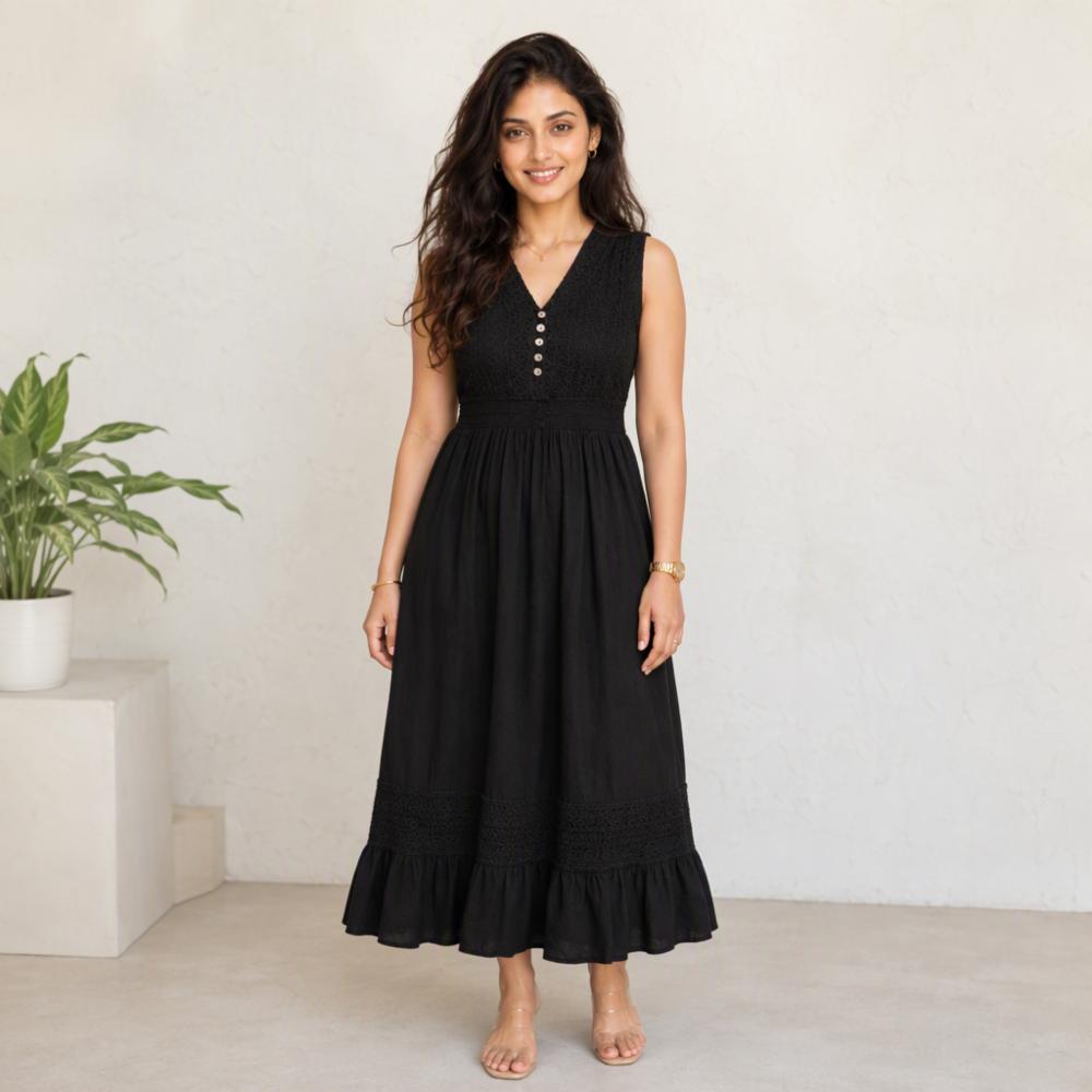 Designer Chicken Work Cotton Rayon Mix Dress with Stretchable Elastic