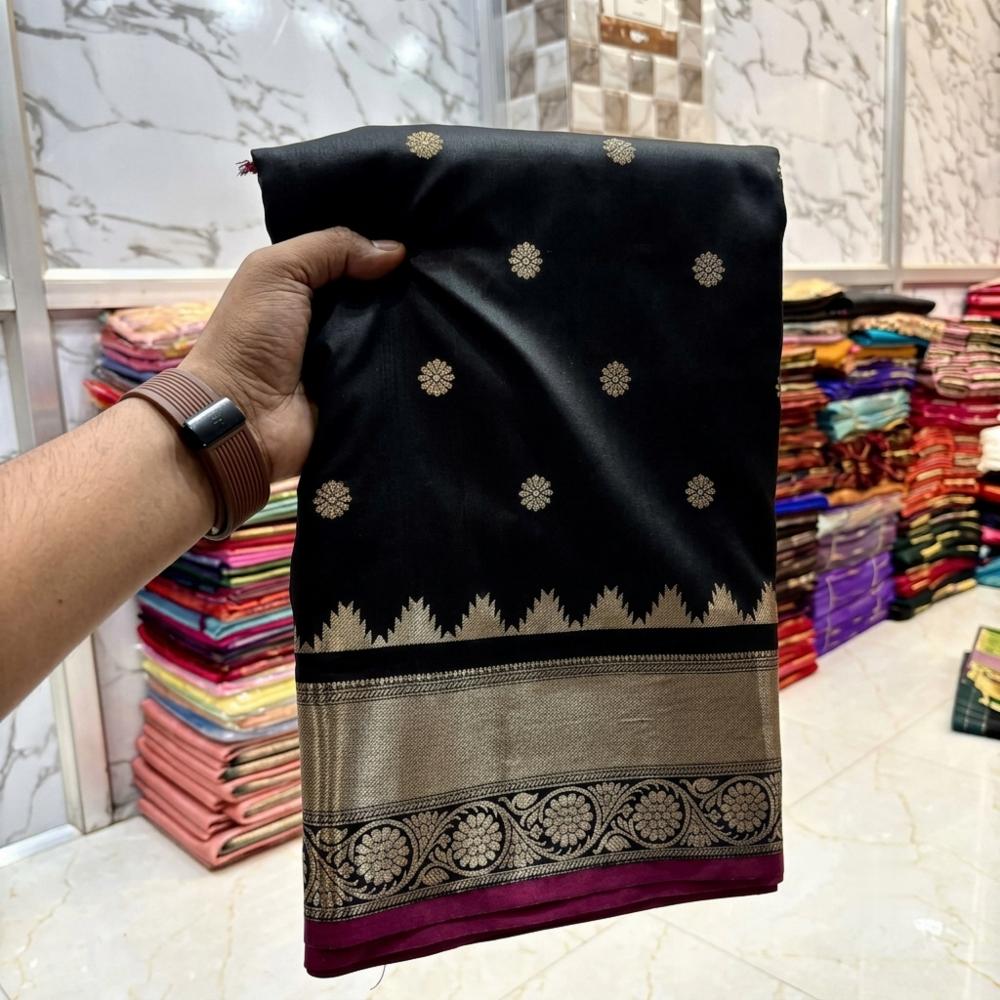 Banarasi Semi Katan Silk Saree with Zari Border & Butti Work