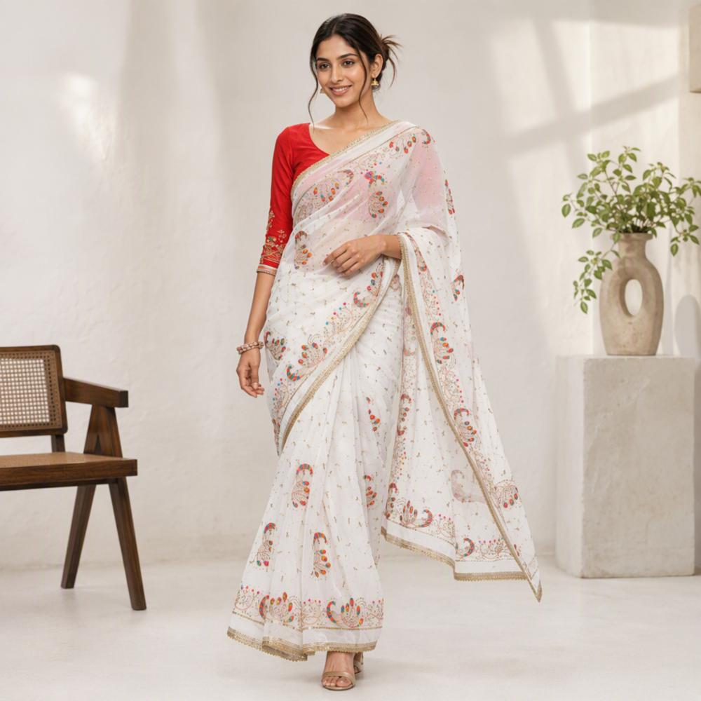 White Georgette Embroidered Saree with Blouse Piece