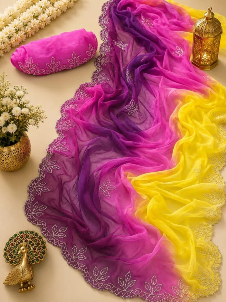 Half Pure Shiffon Shaded Handwork Saree with Blouse