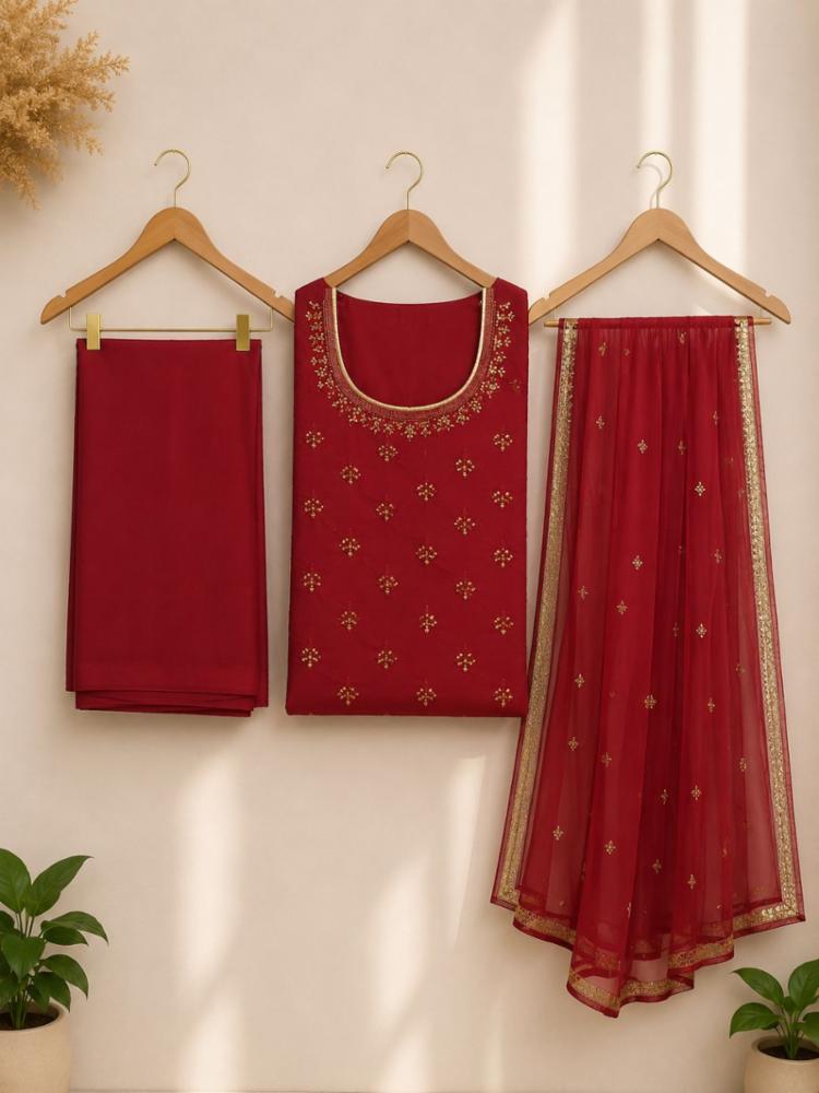 Semi-Stitched Suit Fabric with Swarovski Neck Work