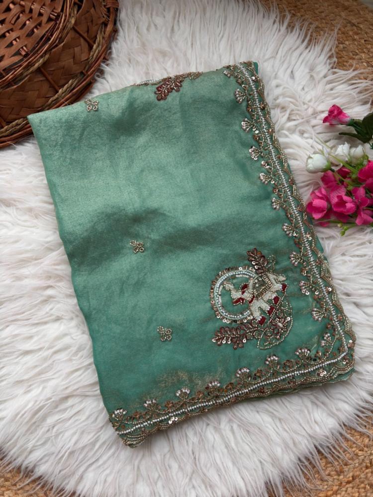 Party Wear Pure Fandy Satin Silk Saree with Rose Gold Beads & Thread Work