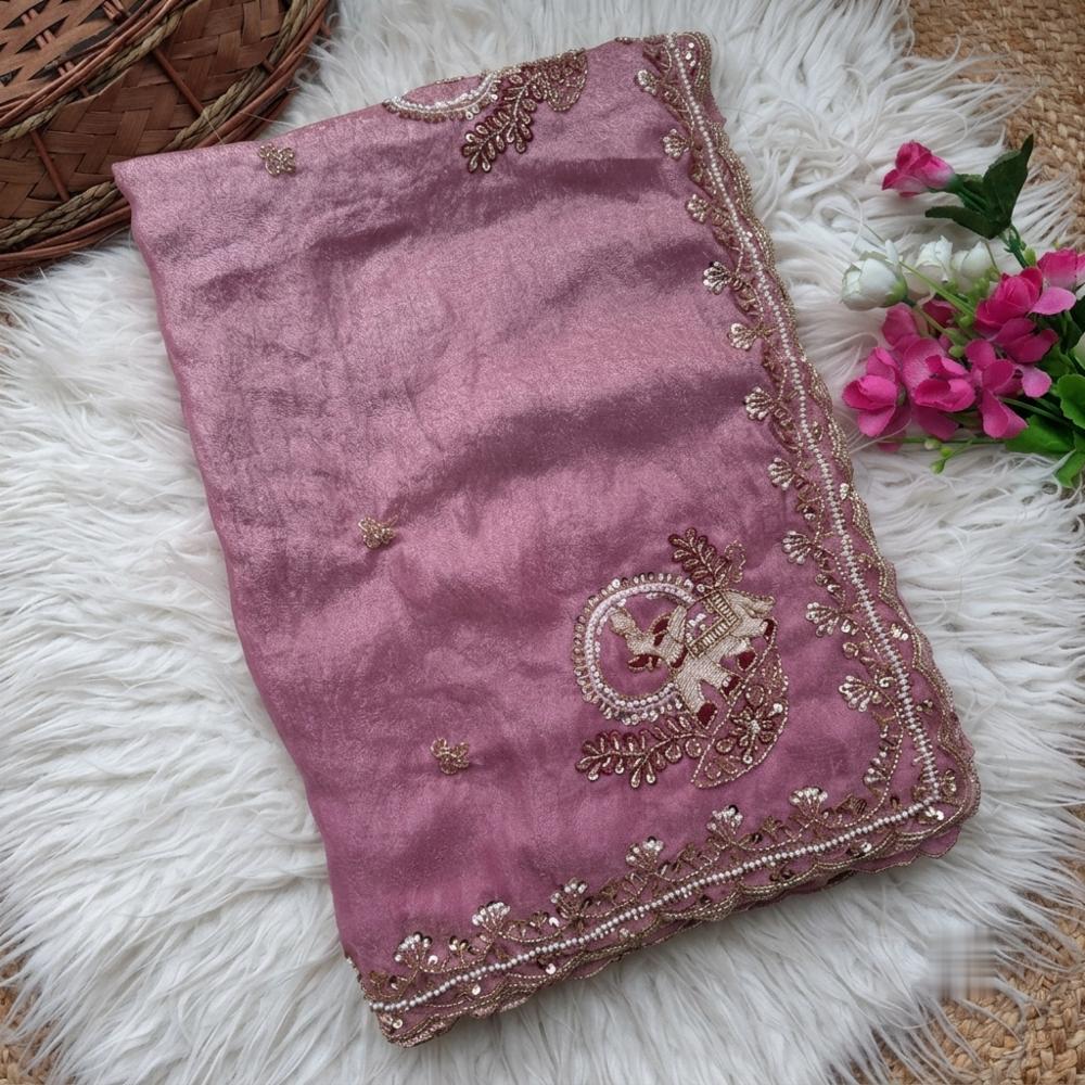 Party Wear Fandy Satin Silk Saree with Rose Gold Beads Work