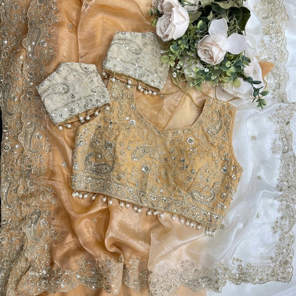 Party Wear Fandy Satin Embroidered Saree with Blouse