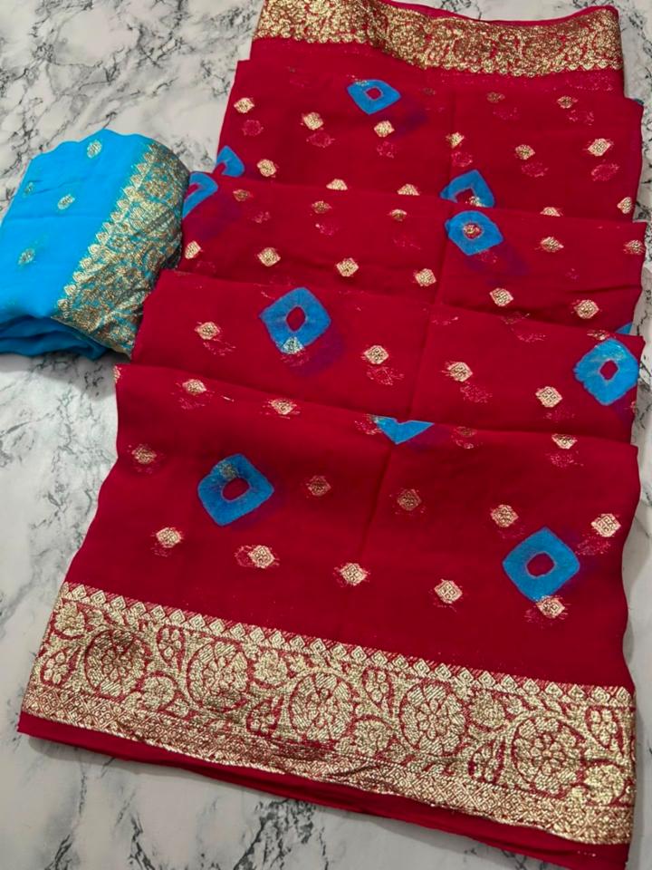 Pure Georgette Viscose Zari Saree with Hand Made Gulti Bhandhej and Contrast Blouse
