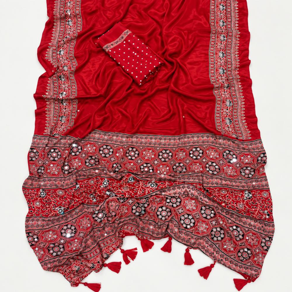 Ajrakh Satin Viscose Silk Saree with Mirror Work and Designer Blouse