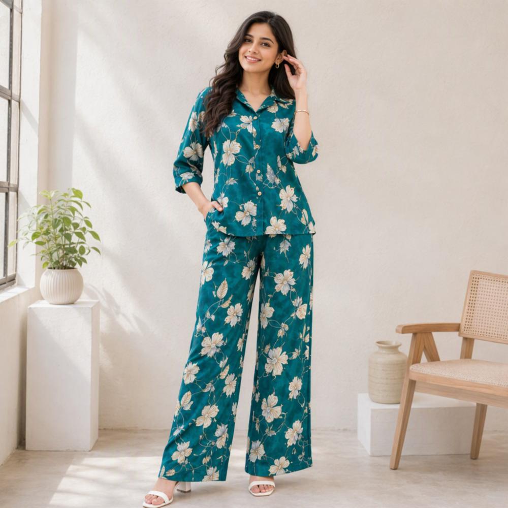 Women Teal Green Floral Rayon Co-ord Set Shirt and Pants