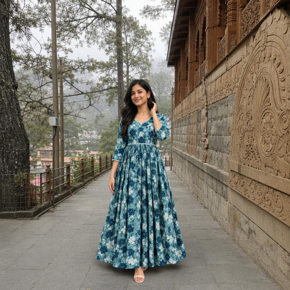 Women Crepe Bandhej Floral Printed Anarkali Gown Sky Blue