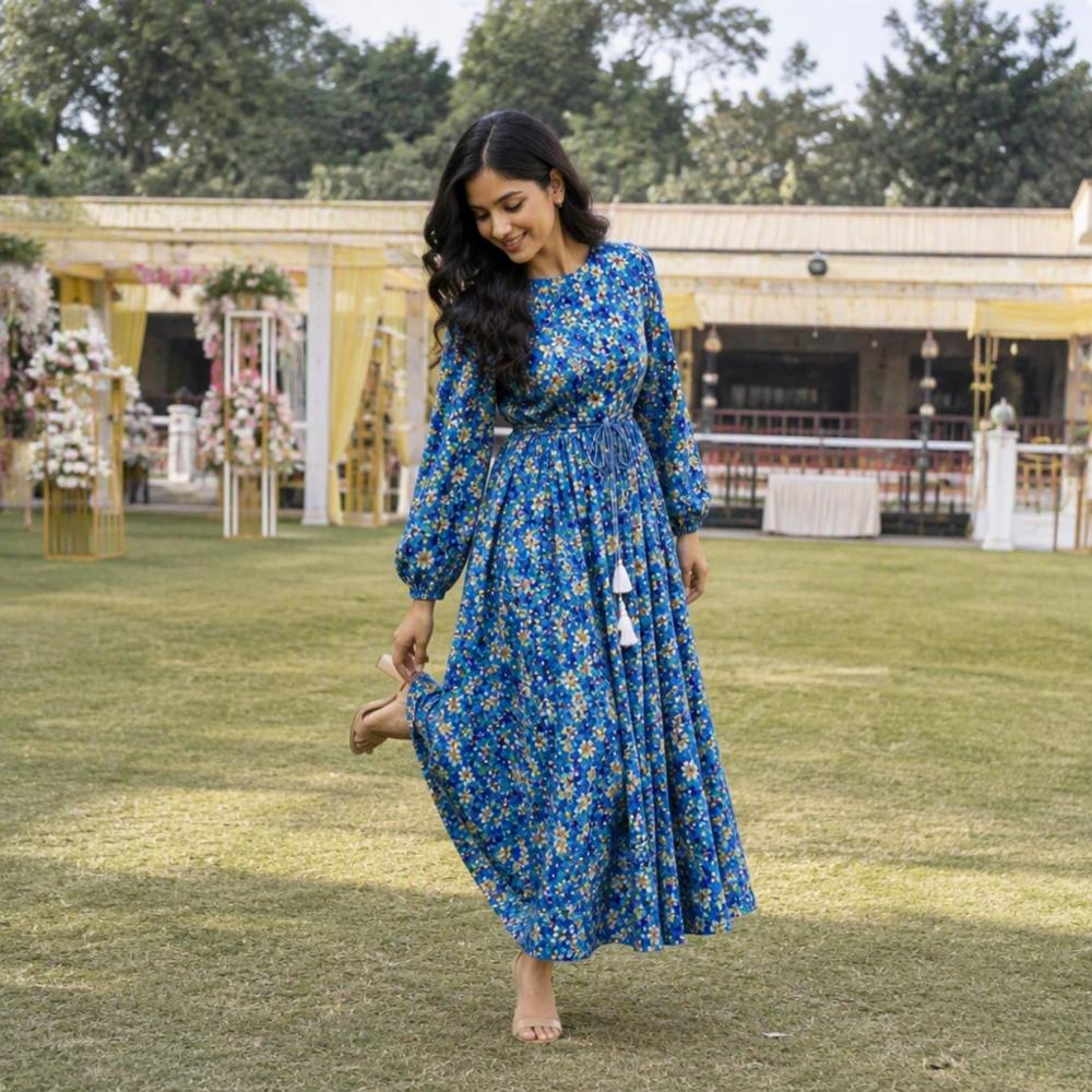 Blue Crepe Bandhej Floral Print Long Gown with Balloon Sleeves