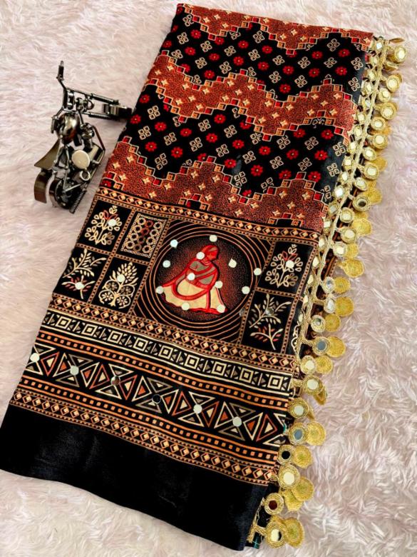Viscose Satin Ajrakh Print Saree with Mirror Work and Blouse Piece