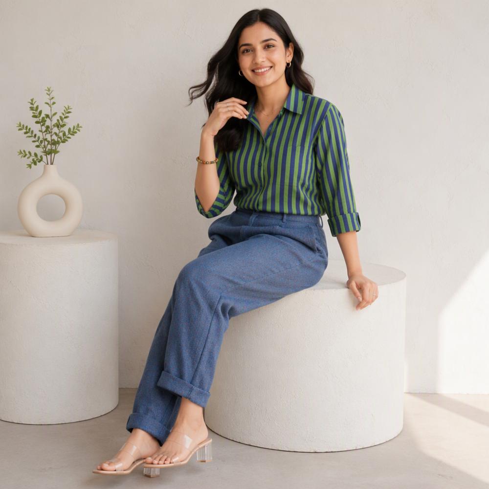 Cotton Shirt with Green Stripes, Block Printed
