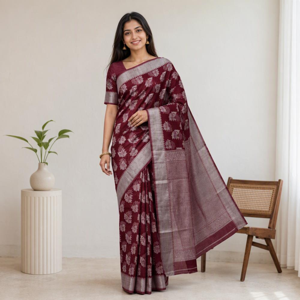 Soft Jacquard Saree in Maroon and Antique Silver with Blouse Piece
