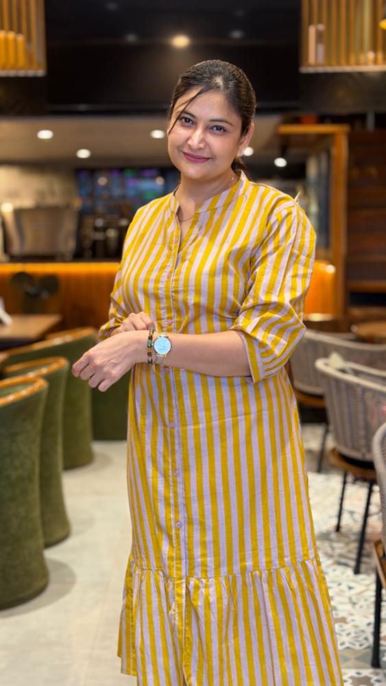 Cotton Yellow Stripe Traditional Print Dress