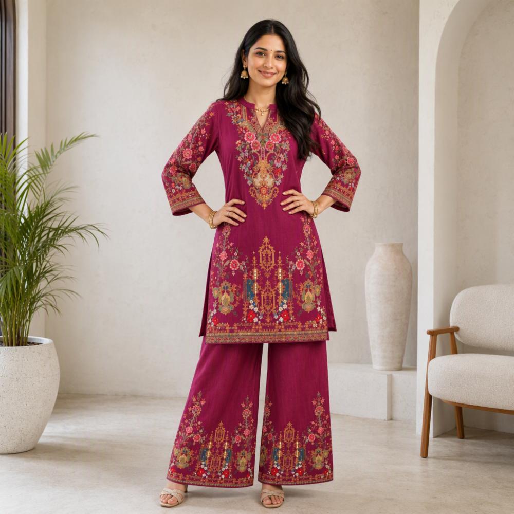 Floral Printed Kurta Set with Golden Stone Work