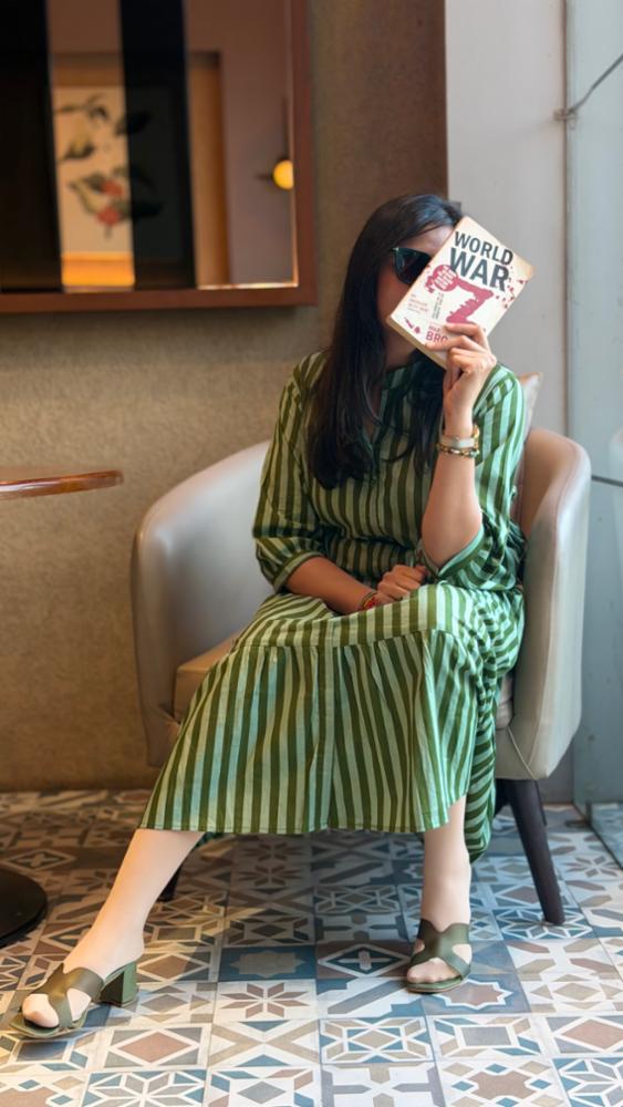 Green Striped Cotton Dress with Traditional Print