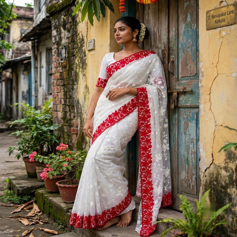 White & Red Floral Chikankari Jaal Work Georgette Saree