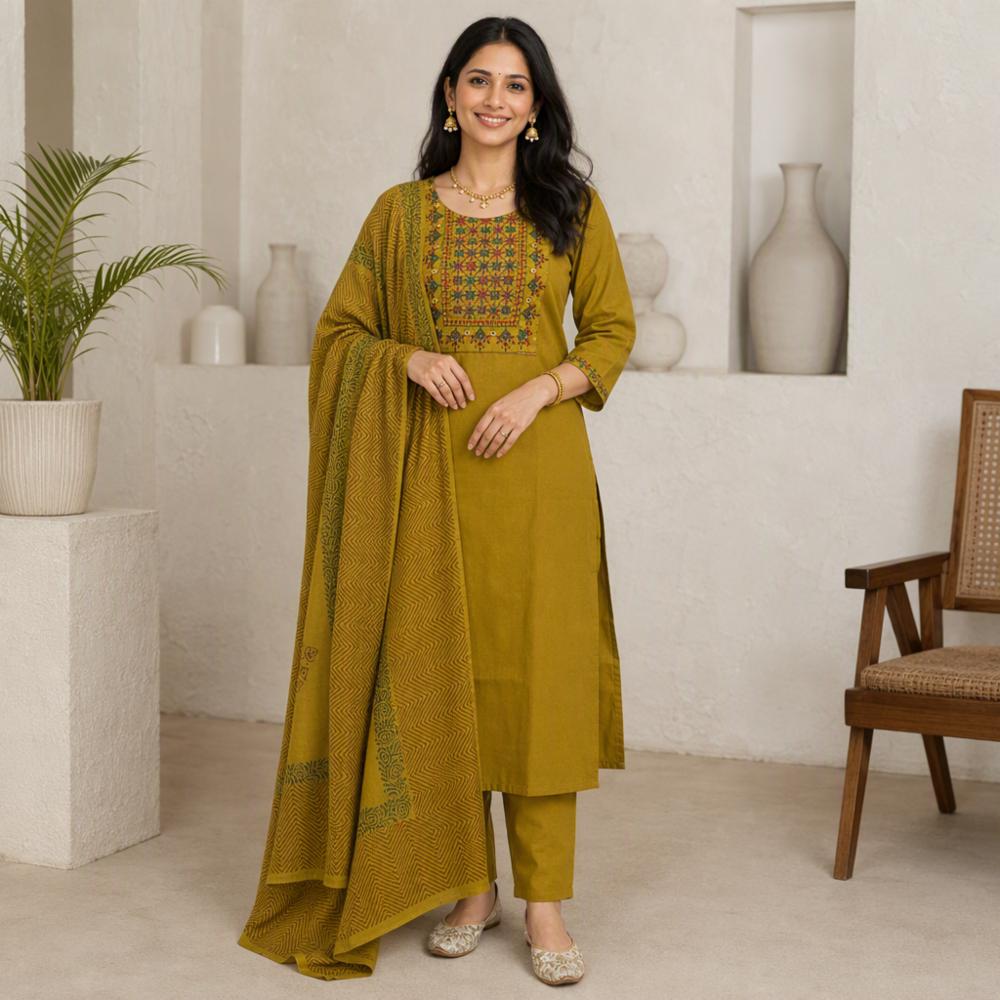 Heavy Embroidery Kurti with Pant and Cotton Dupatta
