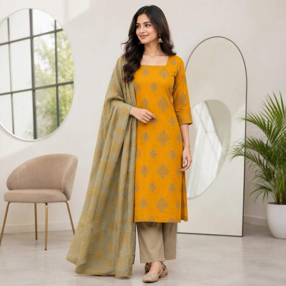 Cotton Unstitched Suit With Block Print Dupatta
