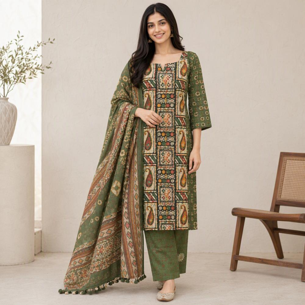 Cotton Unstitched Suit with Jaipuri Thread Embroidery and Cotton Dupatta