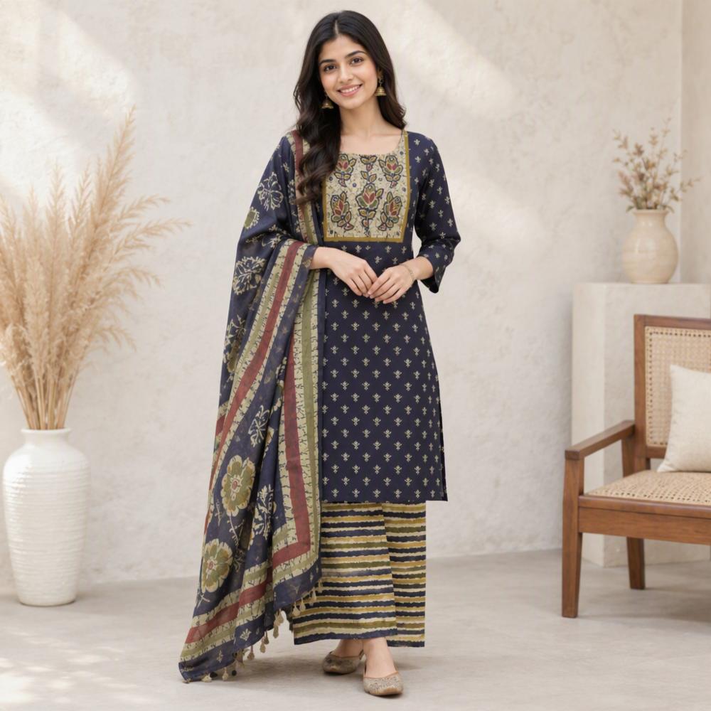 Cotton Unstitched Suit with Printed Bottom and Dupatta