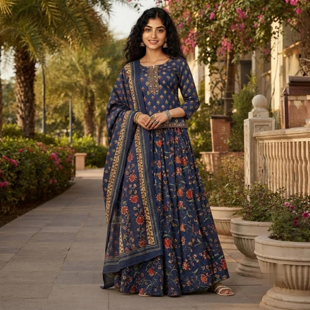 Premium Jaipuri Print Gopi Dress with Flared Skirt & Malmal Dupatta