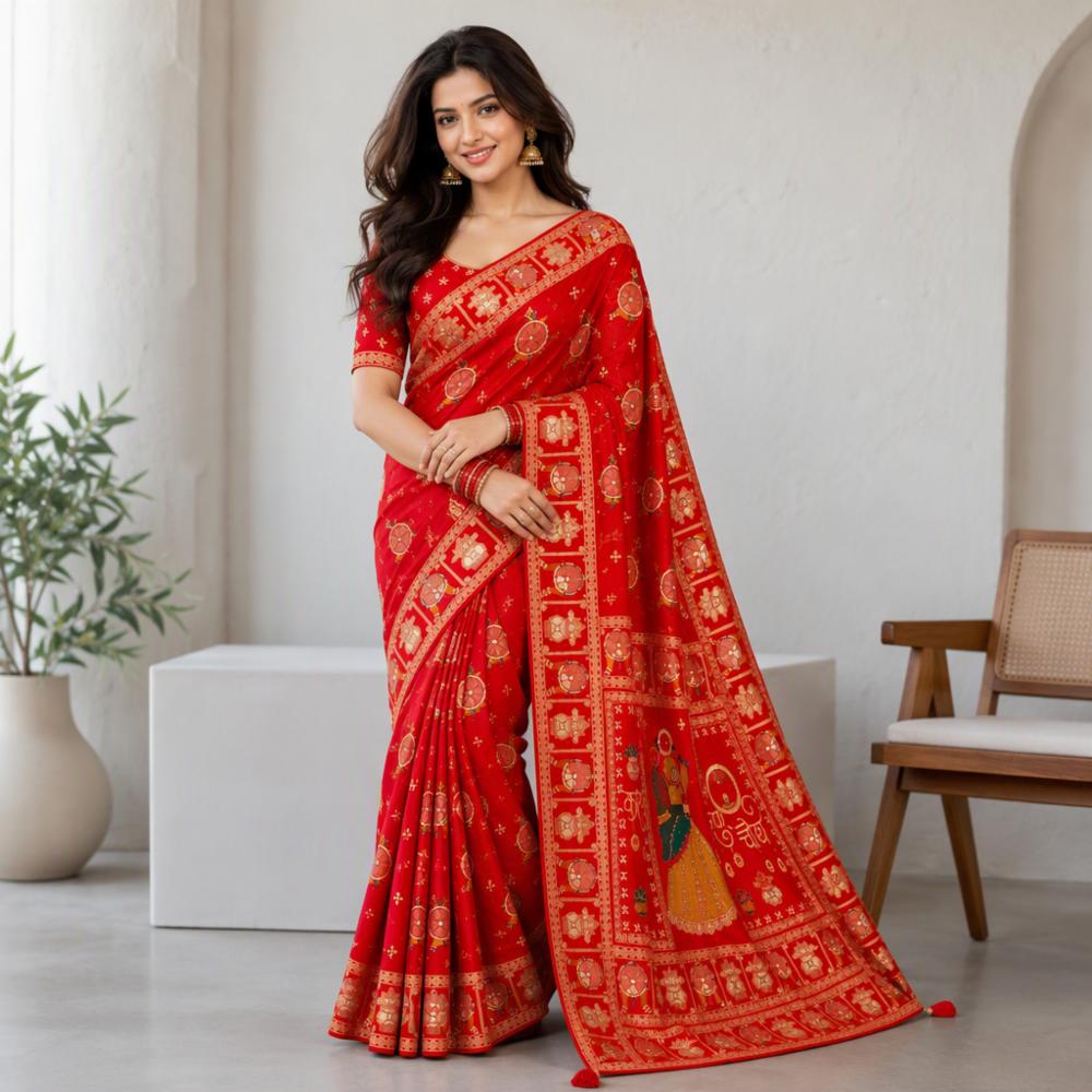 Viral Karva Chauth Dola Silk Saree with Traditional Print and Designer Border