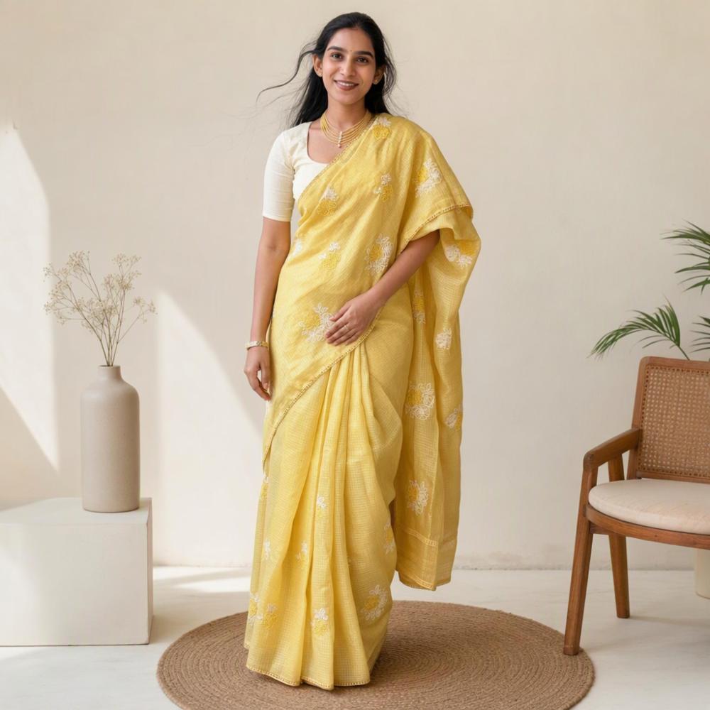 Designer Kota Doriya Silk Saree with Multi-Color Thread Work and GPO Lace Border