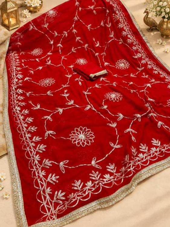 Karwa Chauth Special Red Chiffon Saree with Gota Jaal Work and Blouse