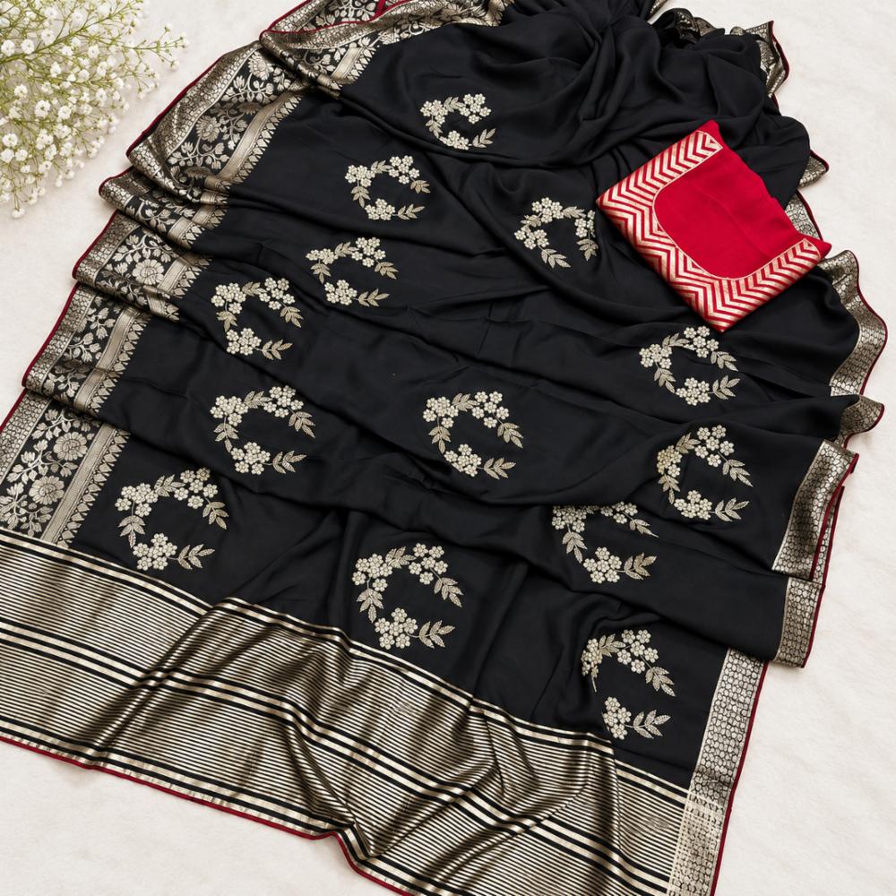 Pure Moonga Silk Handwork Saree with Zari Work and Contrast Upada Blouse