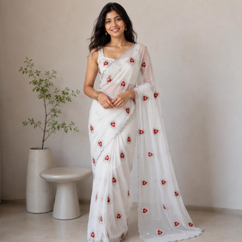 Half Pure Chiffon Handwork Motif Saree with Blouse