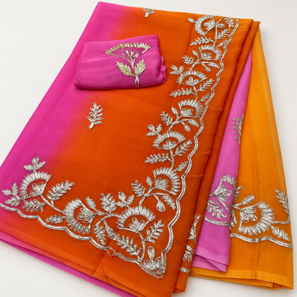Half Pure Chiffon Gota Work Shaded Saree with Contrast Blouse