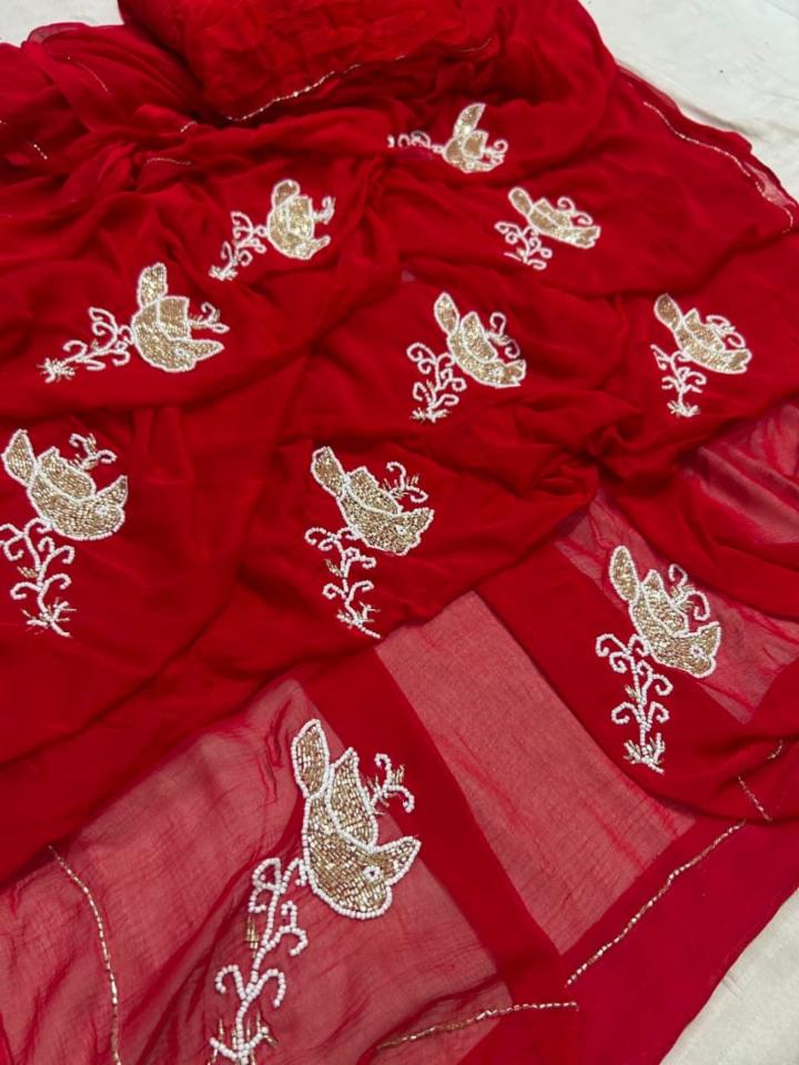 Half Pure Chiffon Birds Handwork Motif Saree with Blouse