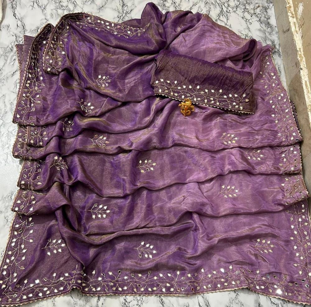 Pure Moss Tissue Saree with Handwork Border and Blouse