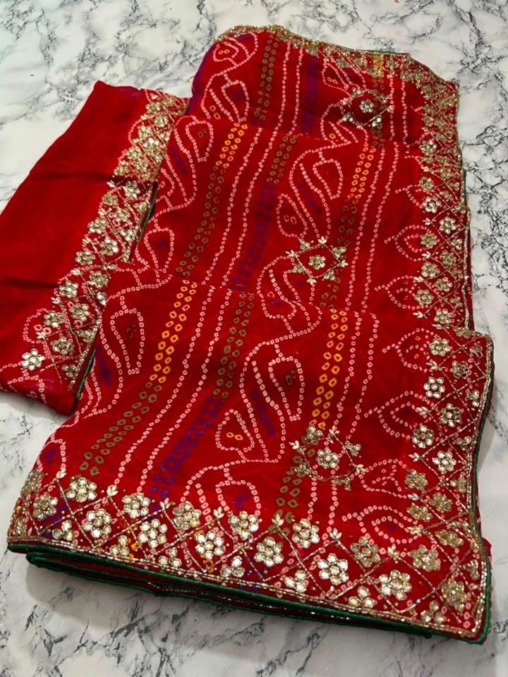 Synthetic Georgette Saree with Heavy Handwork Border and Blouse Piece