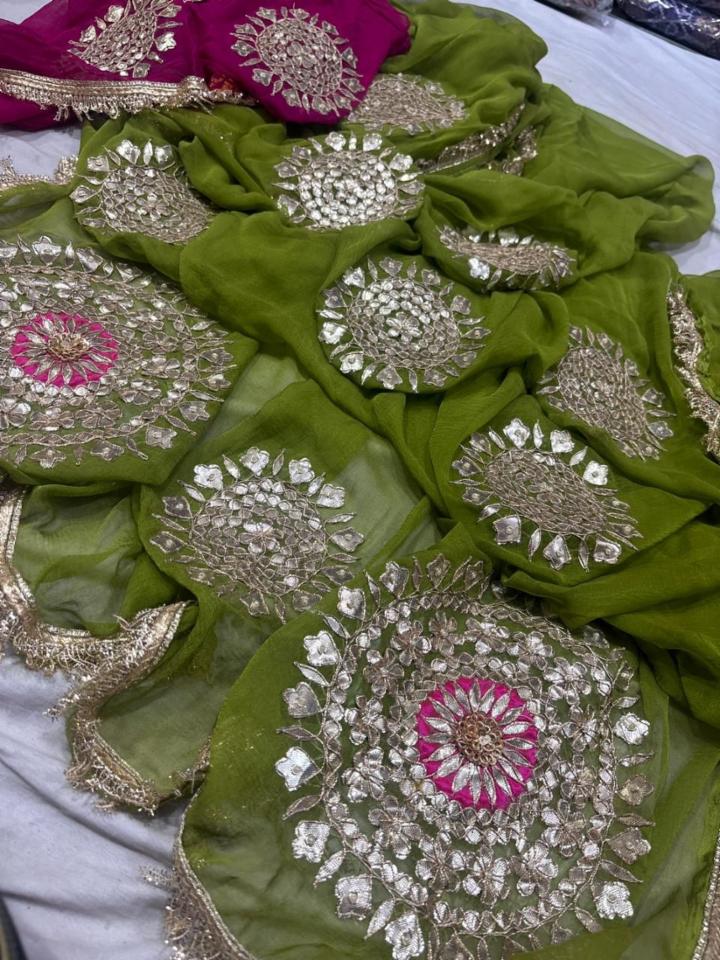 Half Pure Chiffon Saree with Hand Gota Patti Work and Contrast Blouse