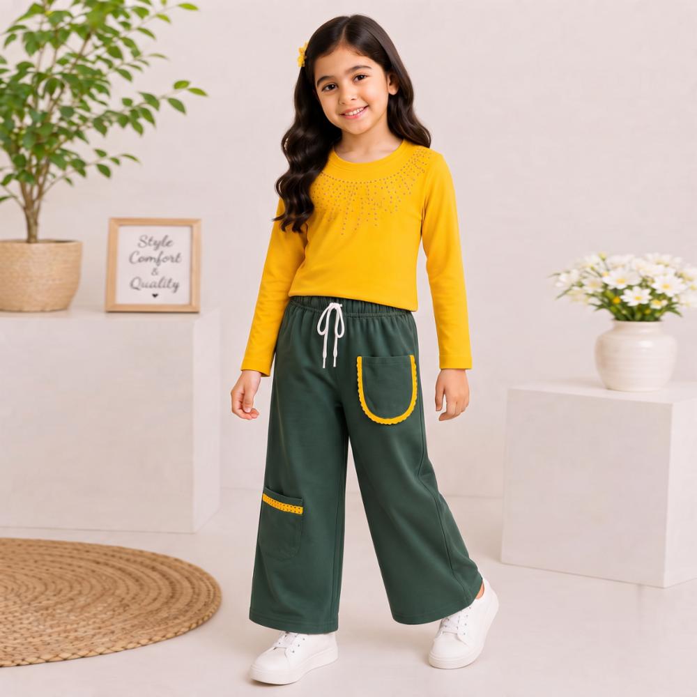 Girls' Premium Western Co-Ord Set - Yellow Embellished Top with Bottle Green Palazzo Pants