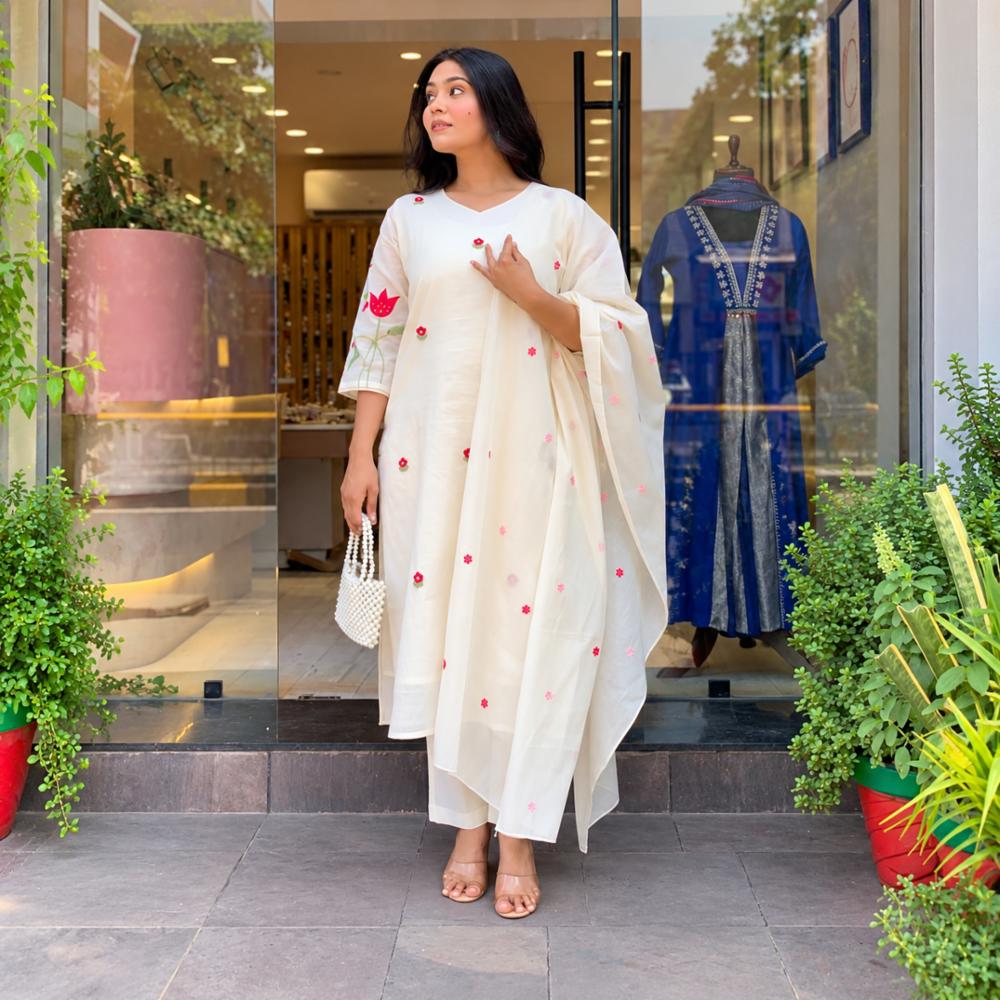 Pure Cotton Kurta Set with Flower Embroidery and Lace