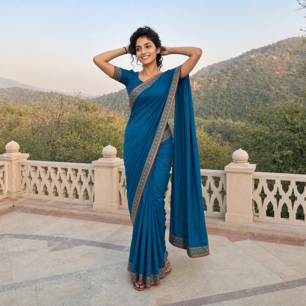 Royal Teal Silk Saree with Golden Geometric Border