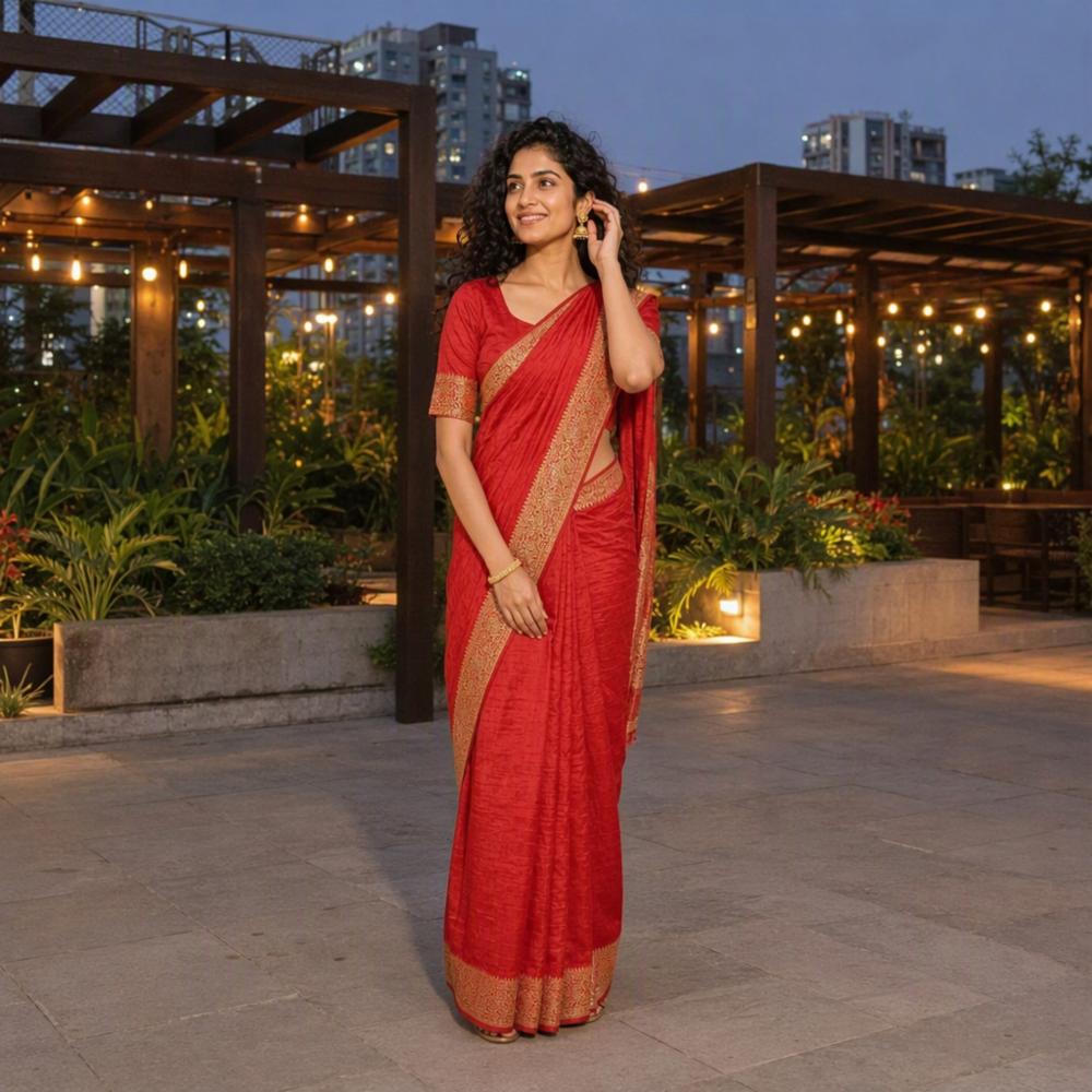 Crimson Red Silk Saree with Banarasi Zari Border and Golden Motifs!