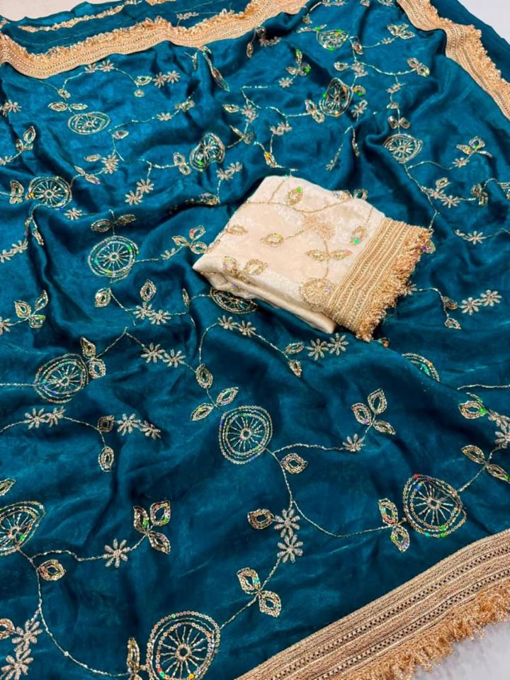Space Satin Multi Sequence Work Festive Saree with Contrast Blouse!
