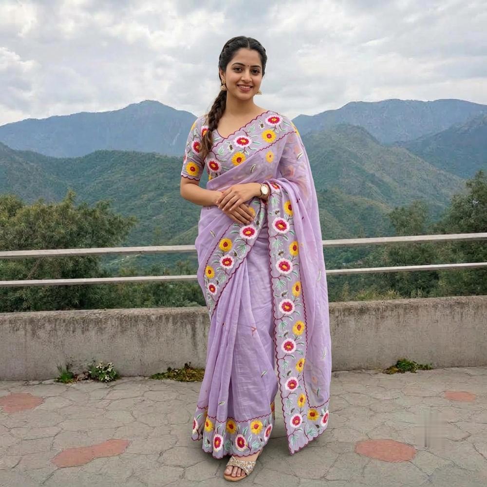 Crunchy Chiffon Multi Embroidery Work Saree with Arcoo Border and Chiffon Blouse