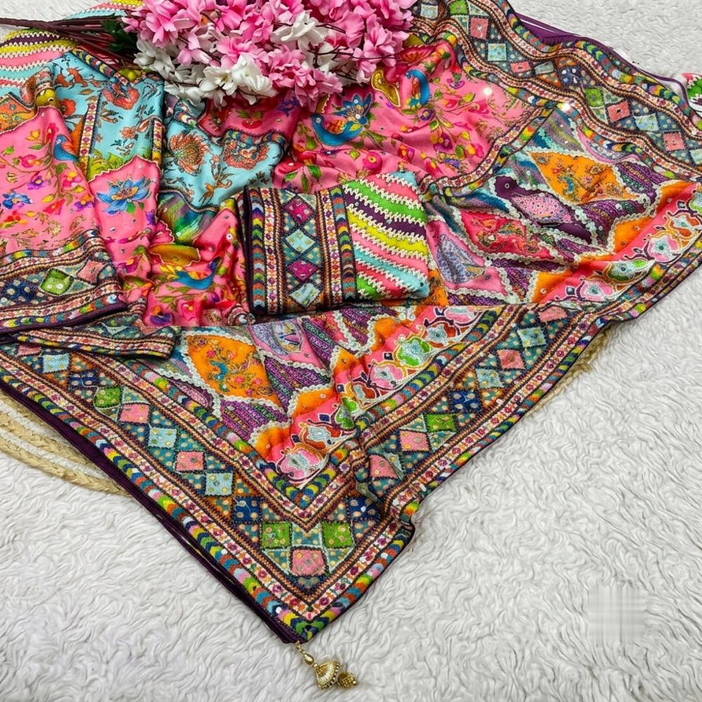Chinnon Digital Print Saree with Aari and Mirror Work, Unstitched Blouse