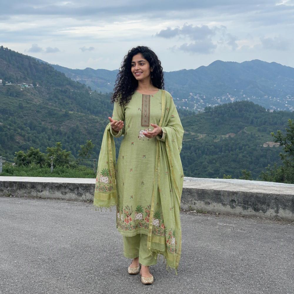 Muga Cotton Jamdani Pichwai Weaving Unstitched Salwar Suit Dress Material 