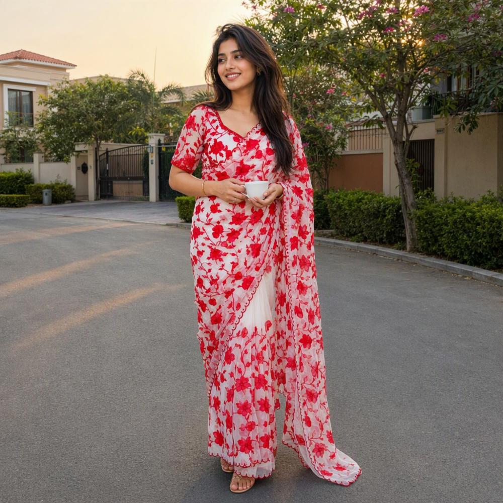 Soft Organza White Saree with Red Embroidery and Embroidered Blouse