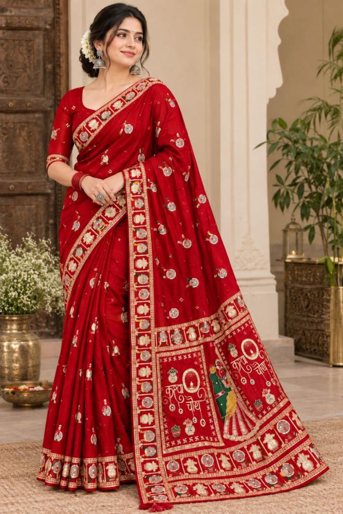Premium Karva Chauth Dola Silk Saree with Mirror, Beads & Tassel Work